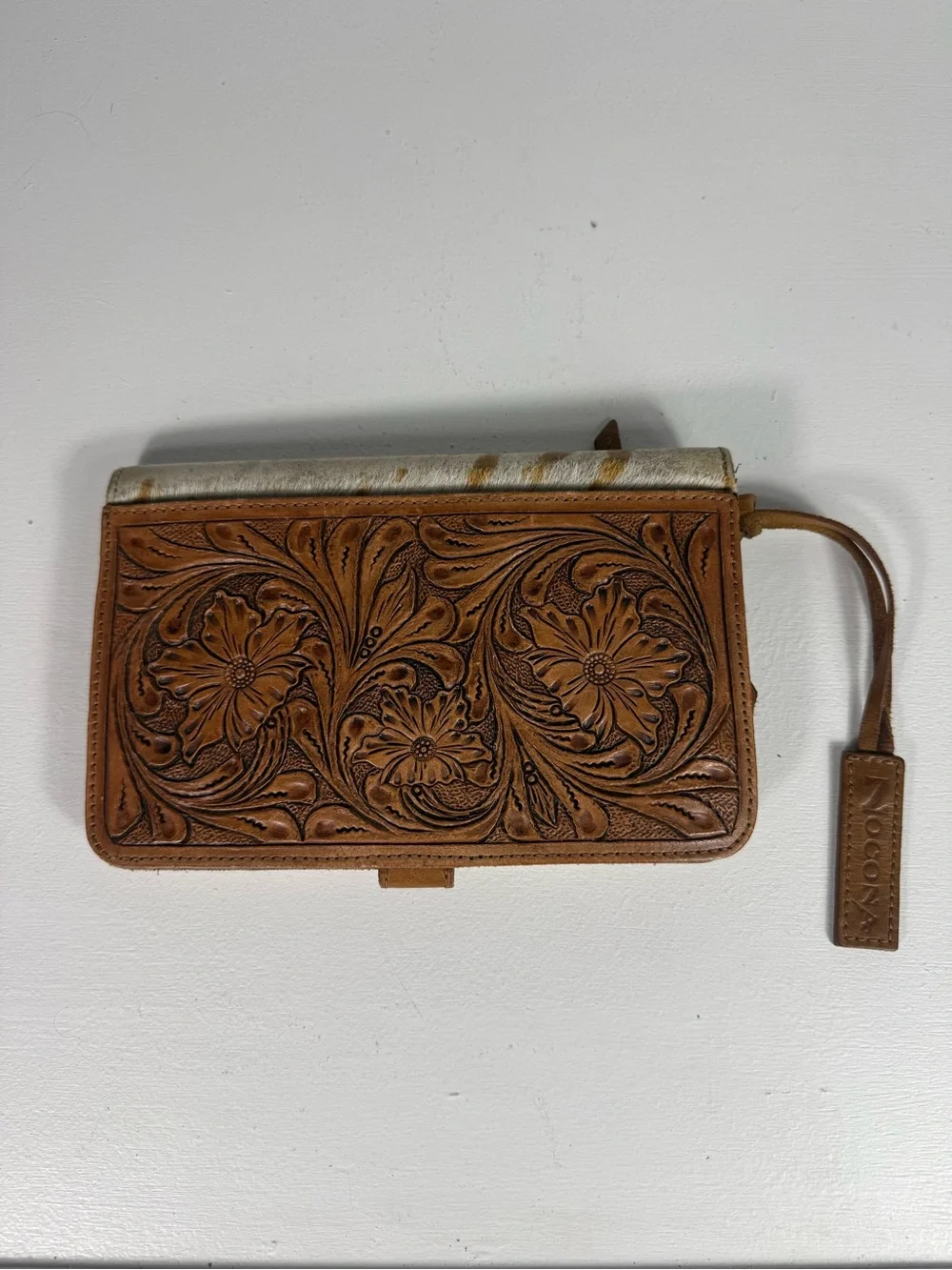 Nocona Tooled Floral Leather Wristlet - Tan with Cream Accent